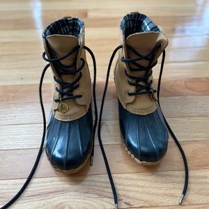 Used Sporto Duck Boots, tan & navy
